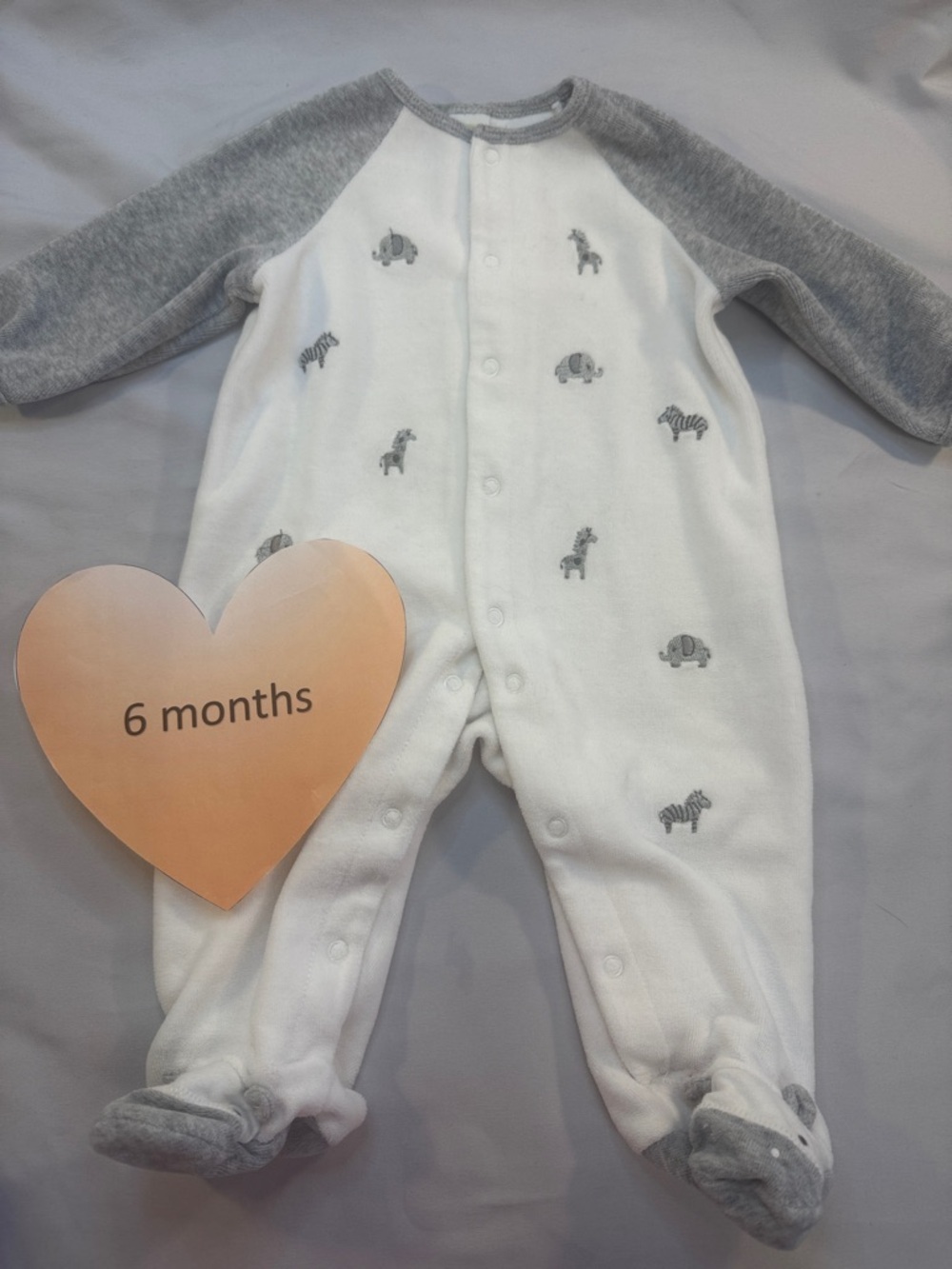 Little Me White & Grey Velour embroidered Animal Print Footed One-Piece